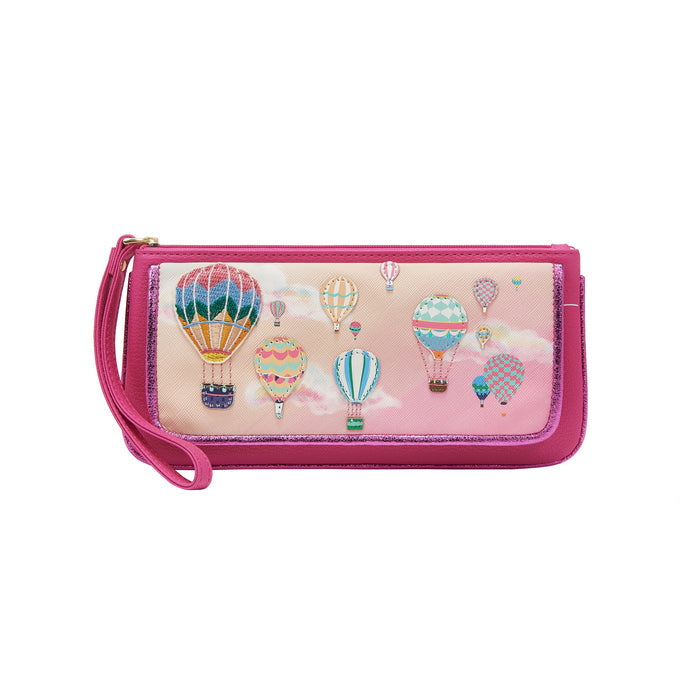 Pink wallet with hot air balloon design on a white background