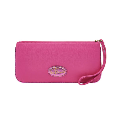 Pink wallet with a strap on a white background