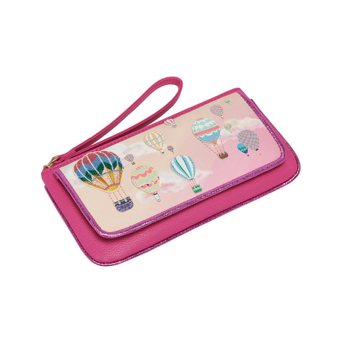 Pink wristlet with hot air balloon design on a white background