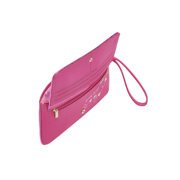 Pink wallet with a strap on a white background
