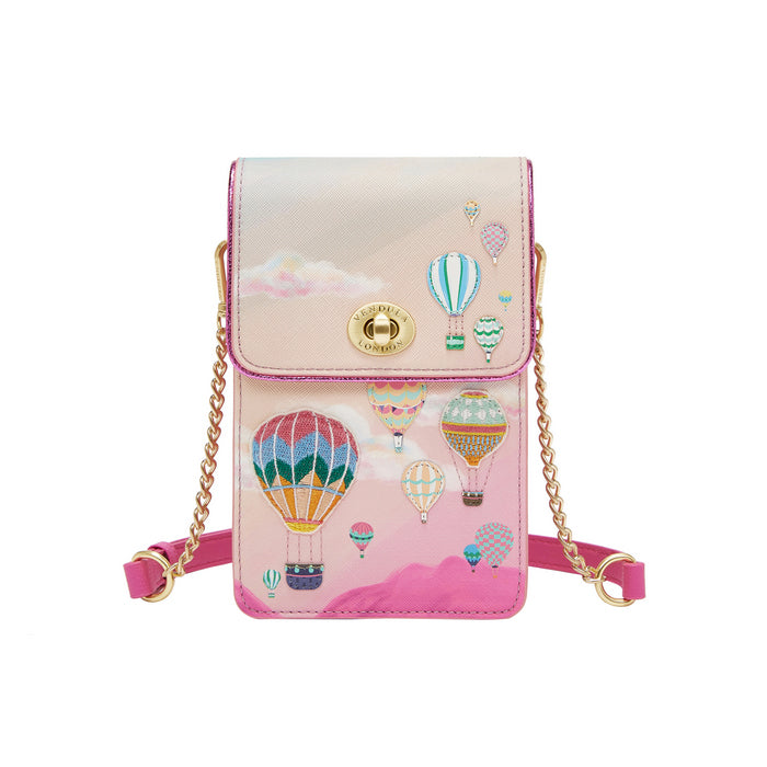 Pink crossbody bag with hot air balloon design on a white background