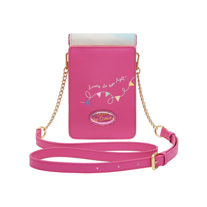 Pink crossbody bag with decorative elements on a white background
