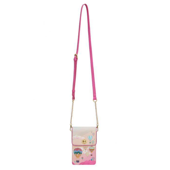 Small crossbody bag with a pink strap and hot air balloon design on a white background