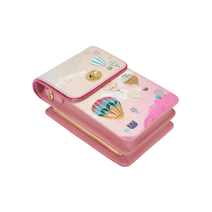 Pink phone case with colorful designs on a white background