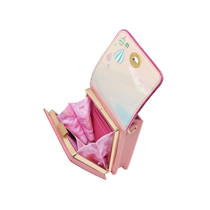 Pink wallet with open compartment showing pink items on a white background