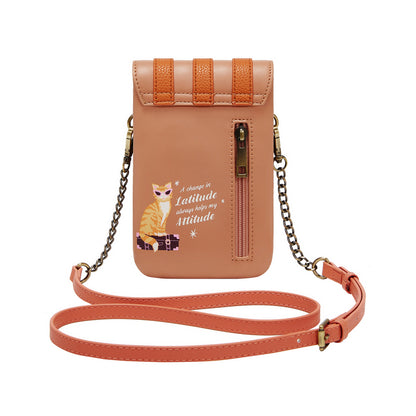 Peach-colored crossbody bag with a cat illustration and text on a white background