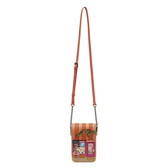 Crossbody bag with a colorful design on a white background