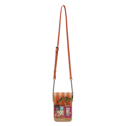 Crossbody bag with a colorful design on a white background