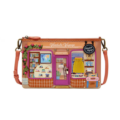 Crossbody bag with store-themed design on a white background