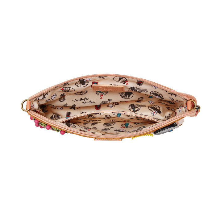 Open handbag with floral pattern on a white background