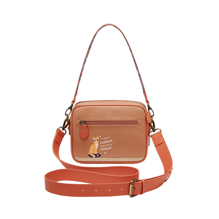 Orange crossbody bag with a fox illustration on a white background