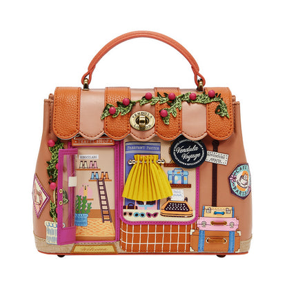 Handbag designed like a miniature store with various elements and decorations on a white background