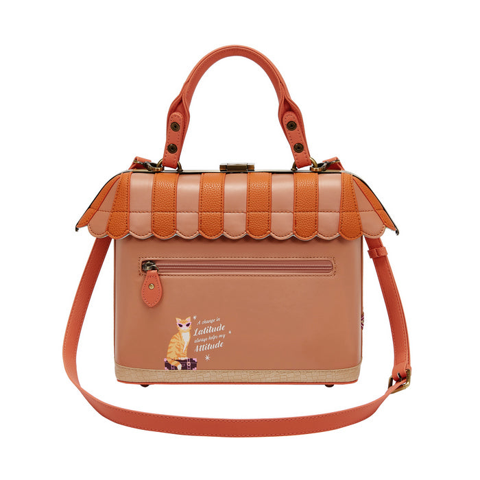 Brown handbag with orange accents on a white background