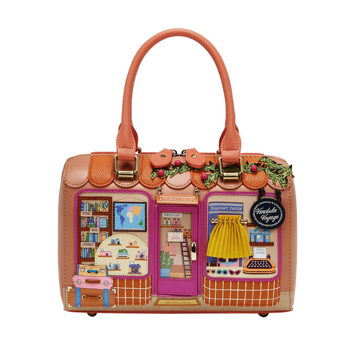 Handbag with miniature store design on a white background