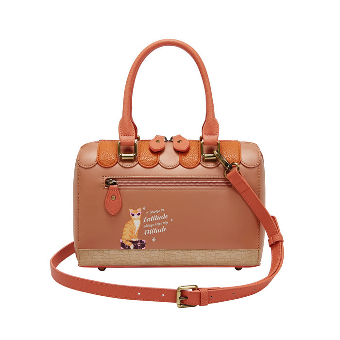 Orange handbag with a fox illustration and text on a white background