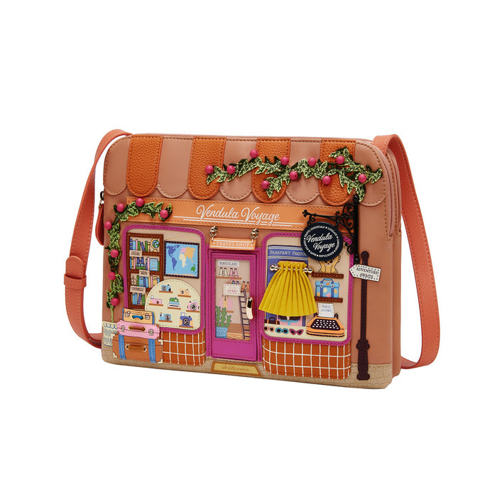 Crossbody bag with a store design on a white background