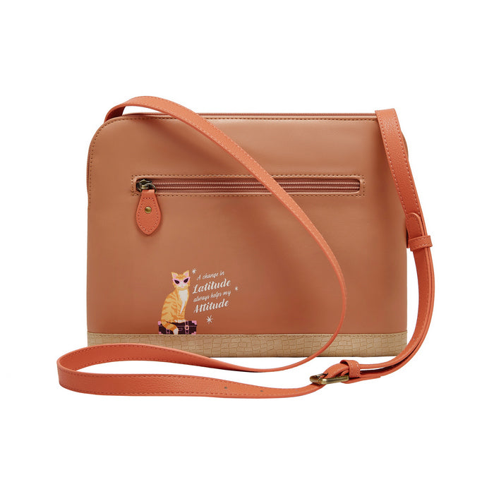 Brown crossbody bag with a cat illustration and text on a white background