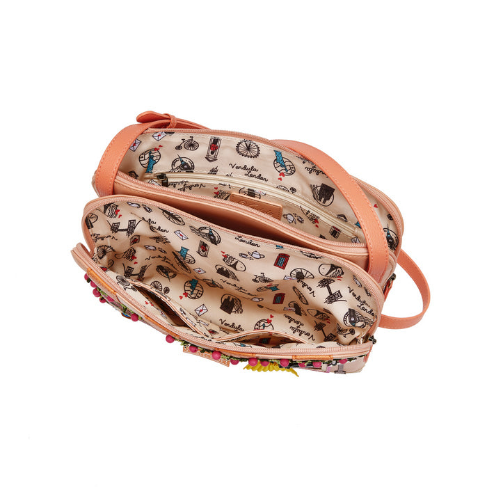 Cosmetic bag with patterned design on a white background