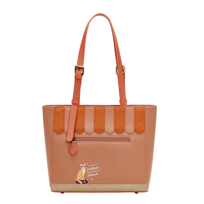 Brown tote bag with orange accents on a white background