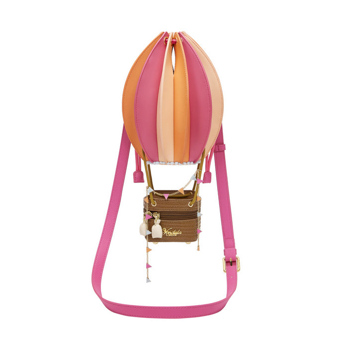 Colorful hot air balloon-shaped bag with a pink strap on a white background