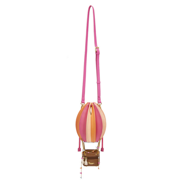 Colorful hot air balloon-shaped bag with a pink strap on a white background