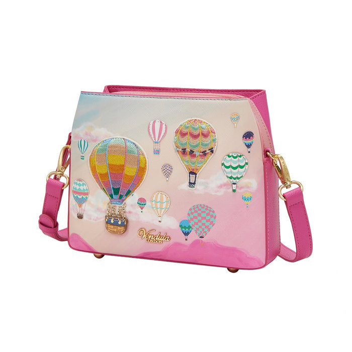 Pink handbag with hot air balloon design on a white background