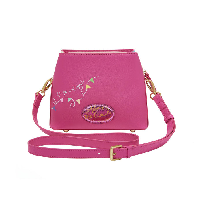 Pink handbag with decorative text and design on a white background