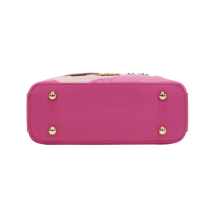 Pink handbag with gold accents on a white background