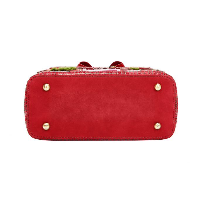 Red handbag with gold accents on a white background