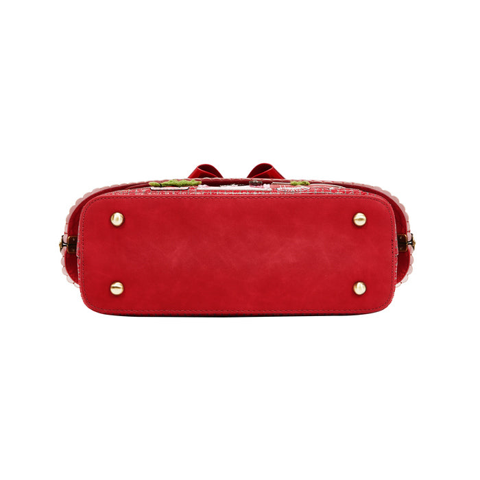 Red handbag with gold accents on a white background