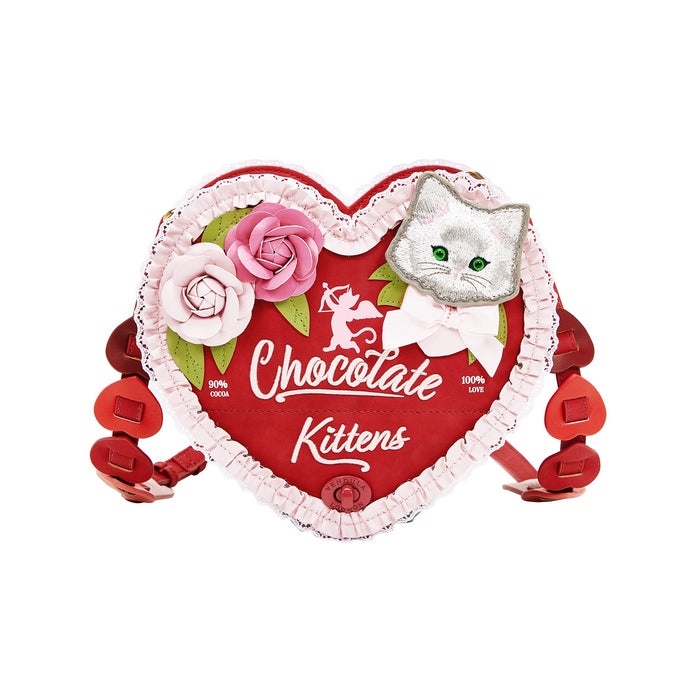 Heart-shaped chocolate container with a cat design and 'Chocolate Kittens' text on a white background