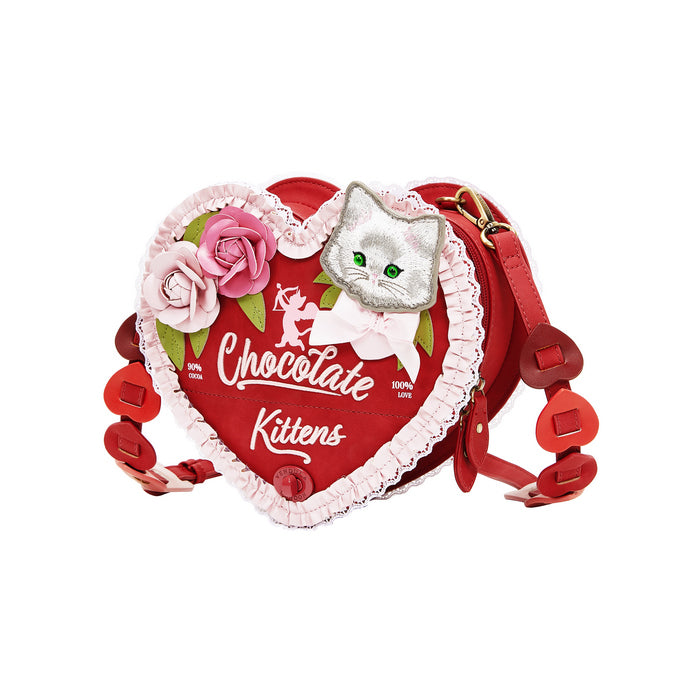 Heart-shaped bag with a cat design and 'Chocolate Kittens' text on a white background