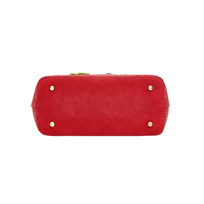 Red handbag with gold studs on a white background