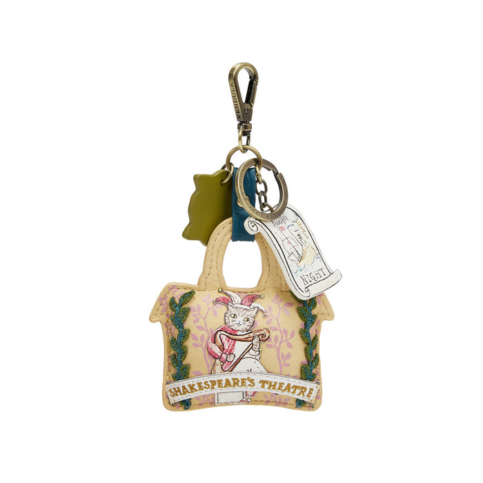 Keychain with a design of Shakespeare's Theatre and a character, on a white background