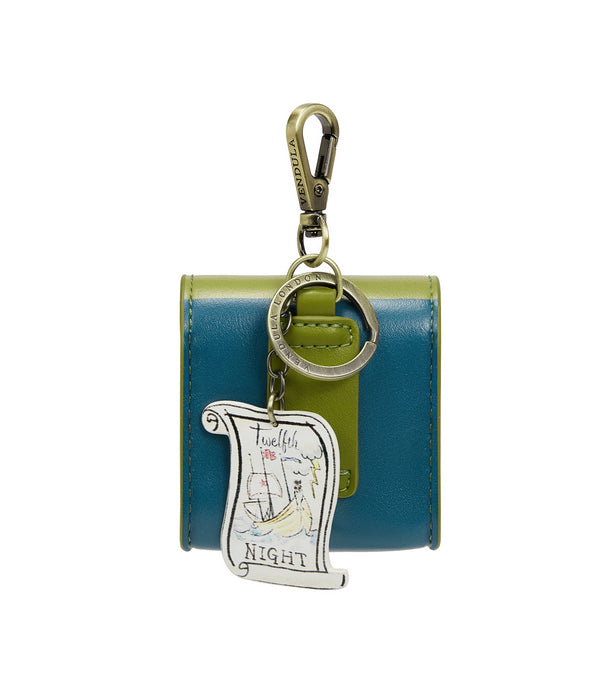Blue leather case with a green strap and keychain on a white background