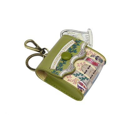 Green keychain case with Shakespeare Theatre design on a white background