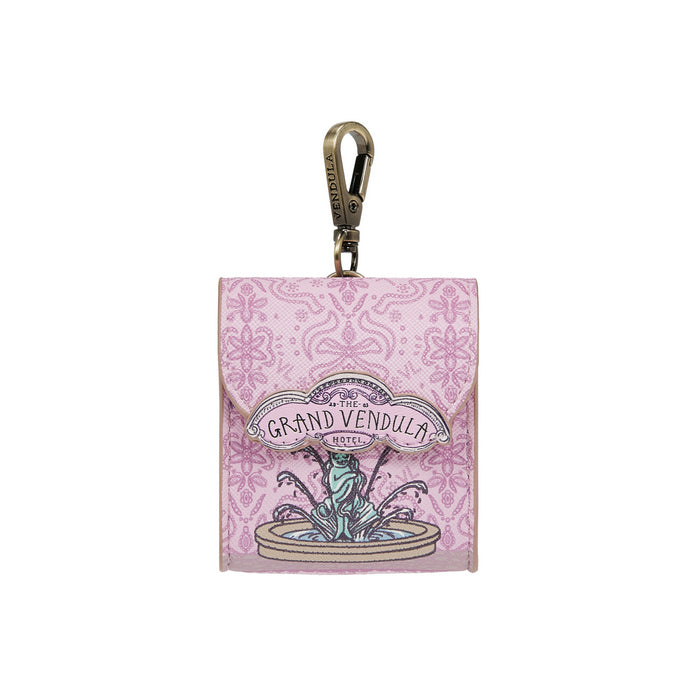 Pink card holder with 'The Grand Vendula Hotel' design on a white background