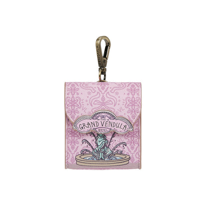 Pink card holder with 'The Grand Vendula Hotel' design on a white background