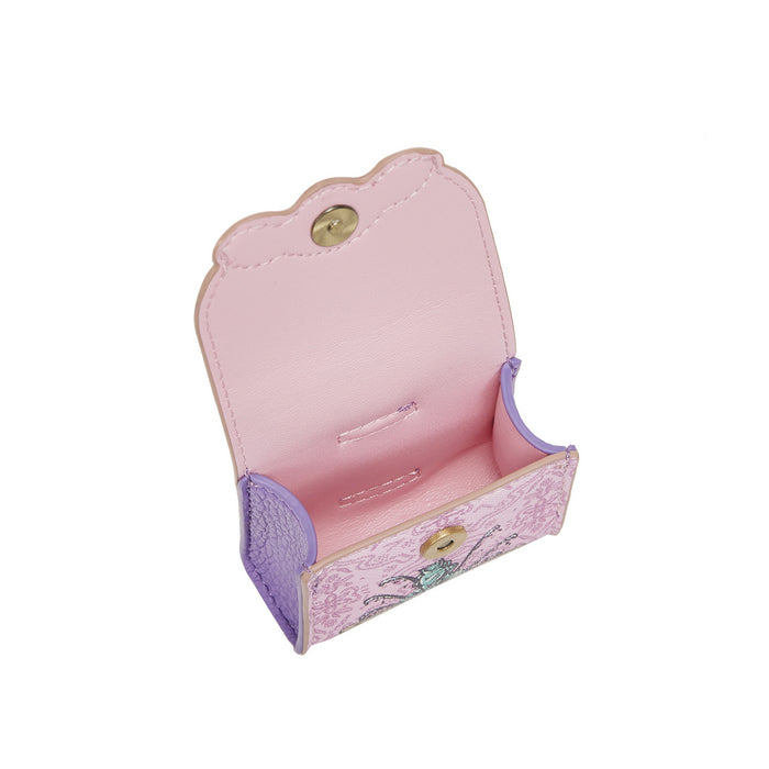 Pink and purple wallet with lace design on a white background
