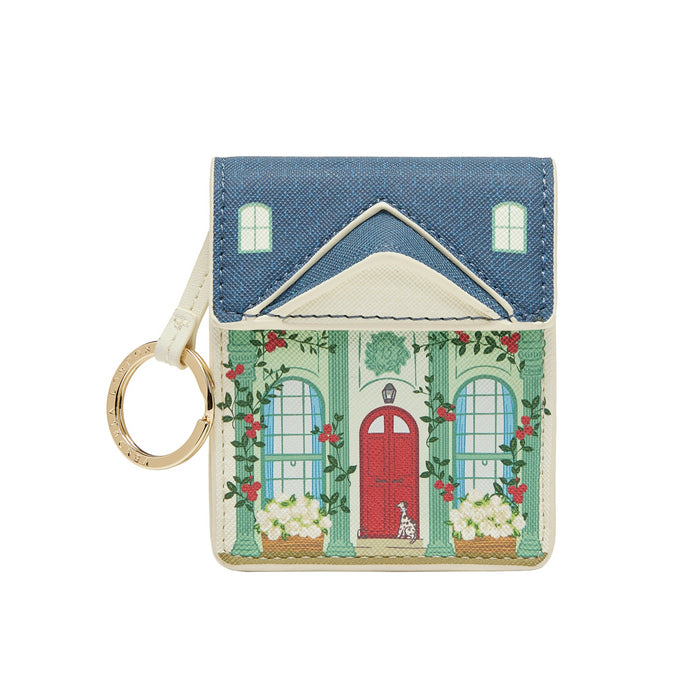 House-shaped keychain with a red door and blue roof on a white background