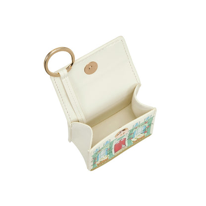 Small cream-colored keychain pouch with a colorful design on a white background