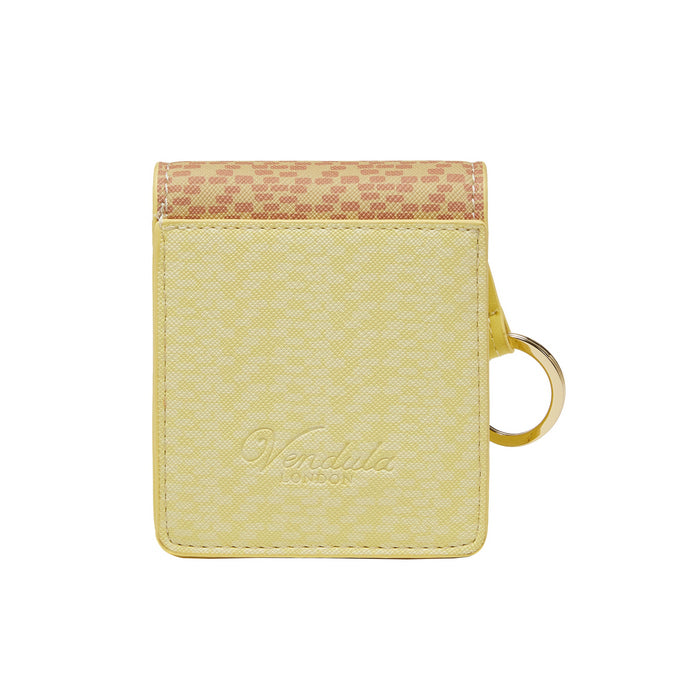 Yellow cardholder with checkered top section on a white background