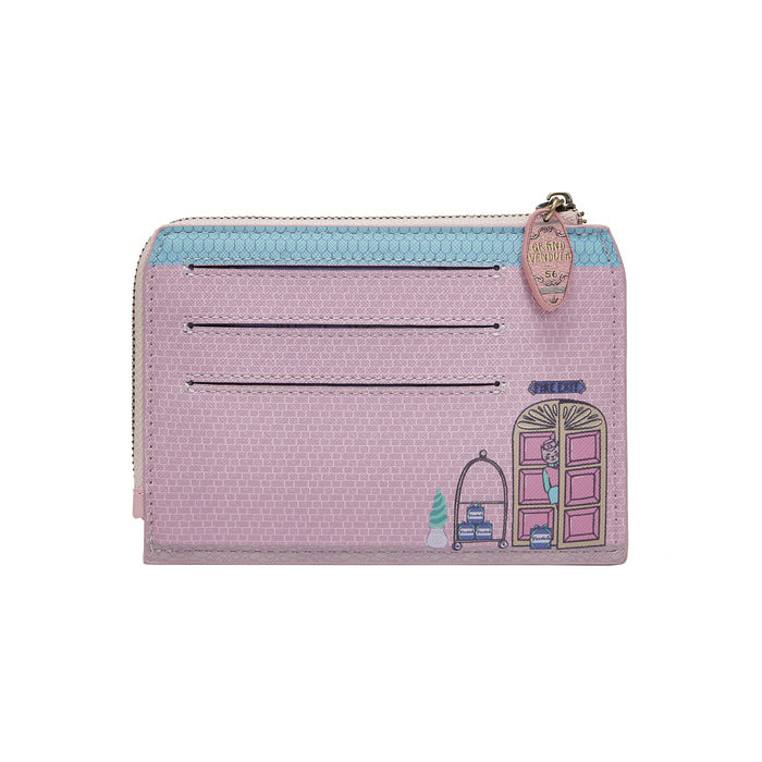 Pink wallet with house design and blue zipper on a white background