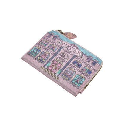 Zipper pouch with colorful illustration of a building on a white background