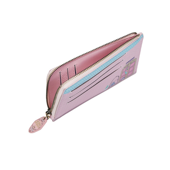 Pink wallet with a zipper on a white background