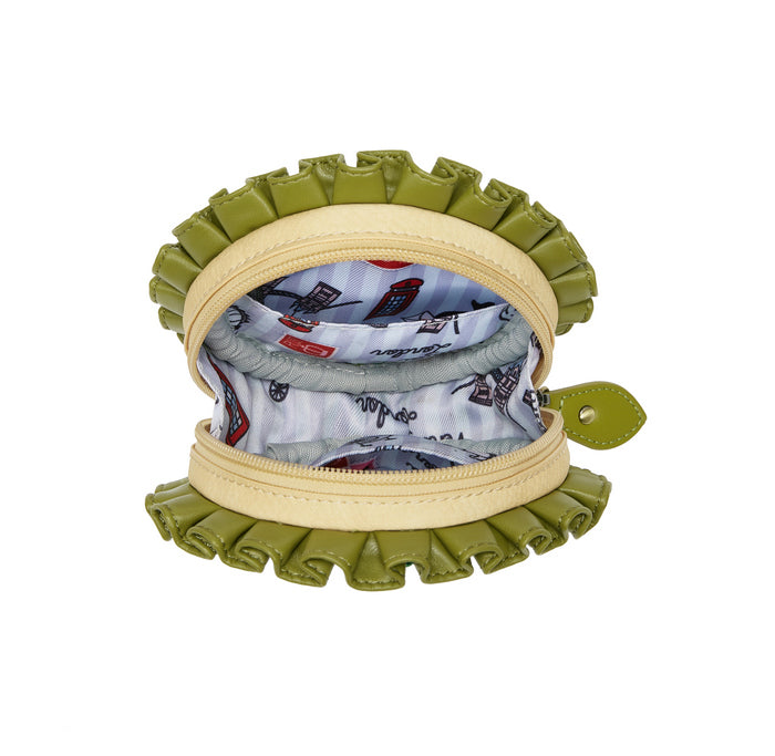 Green and beige ruffled pouch with a patterned interior on a white background