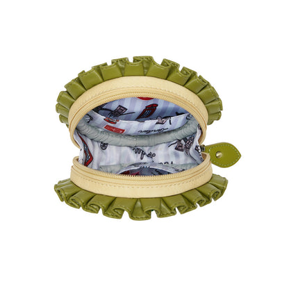 Green and beige ruffled pouch with a patterned interior on a white background
