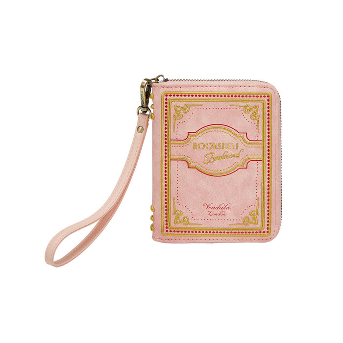 Pink wallet with gold accents and 'Bookshelf' branding on a white background