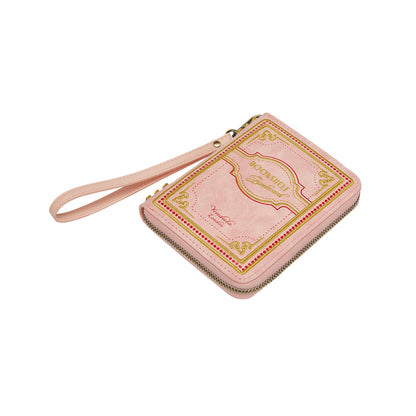 Pink wallet with gold accents on a white background