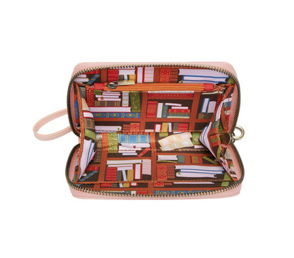 Open wallet with book-themed pattern on a white background